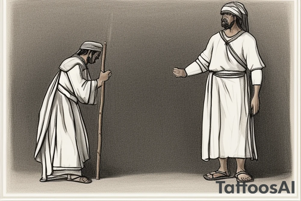 The man is dressed in simple clothes that are typical of the first century. He is wearing a long tunic, a white hat, and sandals. Hi wears a white tunica. He is holding a thick shepherd's staff in his left hand and is walking to the left. The background is blank.

The drawing is done in black lines on a blank background. The lines are simple and delicate, and they capture the man's thin, wiry frame. He seems to be lost in thought as he walks to the left.

The drawing has a sense of timelessness. The man's clothes are typical of the first century, but the drawing could have been made any time in the past 2,000 years. The blank background also contributes to the sense of timelessness. The man is walking facing the left. tattoo idea