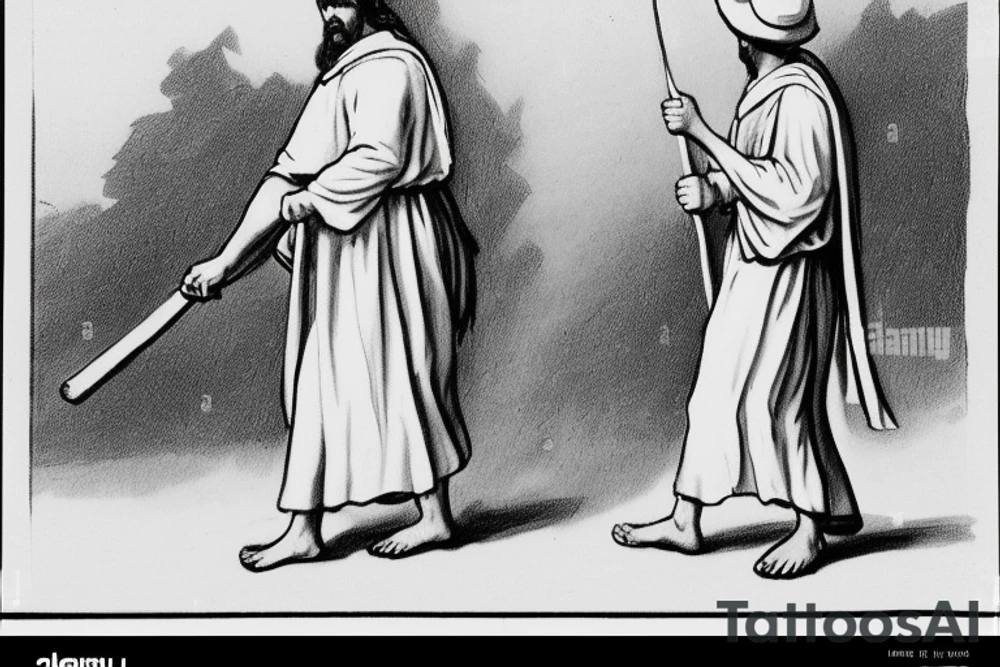 The man is dressed in simple clothes that are typical of the first century. He is wearing a long tunic, a white hat, and sandals. Hi wears a white tunica. He is holding a thick shepherd's staff in his left hand and is walking to the left. The background is blank.

The drawing is done in black lines on a blank background. The lines are simple and delicate, and they capture the man's thin, wiry frame. He seems to be lost in thought as he walks to the left.

The drawing has a sense of timelessness. The man's clothes are typical of the first century, but the drawing could have been made any time in the past 2,000 years. The blank background also contributes to the sense of timelessness. The man is walking facing the left. tattoo idea