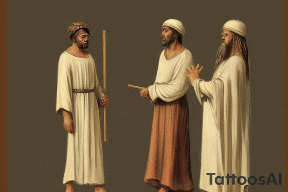 The man is dressed in simple clothes that are typical of the first century. He is wearing a long tunic, a white hat, and sandals. Hi wears a white tunica. He is holding a thick shepherd's staff in his left hand and is walking to the left. The background is blank.

The drawing is done in black lines on a blank background. The lines are simple and delicate, and they capture the man's thin, wiry frame. He seems to be lost in thought as he walks to the left.

The drawing has a sense of timelessness. The man's clothes are typical of the first century, but the drawing could have been made any time in the past 2,000 years. The blank background also contributes to the sense of timelessness. The man is walking facing the left. tattoo idea