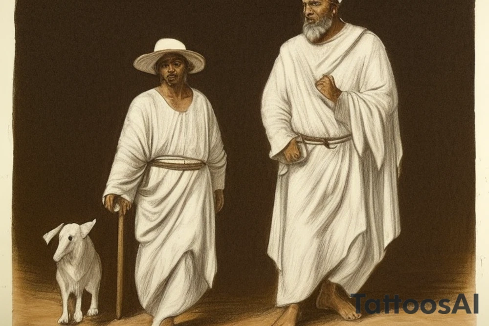 The man is dressed in simple clothes that are typical of the first century. He is wearing a long tunic, a white hat, and sandals. Hi wears a white tunica. He is holding a thick shepherd's staff in his left hand and is walking to the left. The background is blank.

The drawing is done in black lines on a blank background. The lines are simple and delicate, and they capture the man's thin, wiry frame. He seems to be lost in thought as he walks to the left.

The drawing has a sense of timelessness. The man's clothes are typical of the first century, but the drawing could have been made any time in the past 2,000 years. The blank background also contributes to the sense of timelessness. The man is walking facing the left. tattoo idea