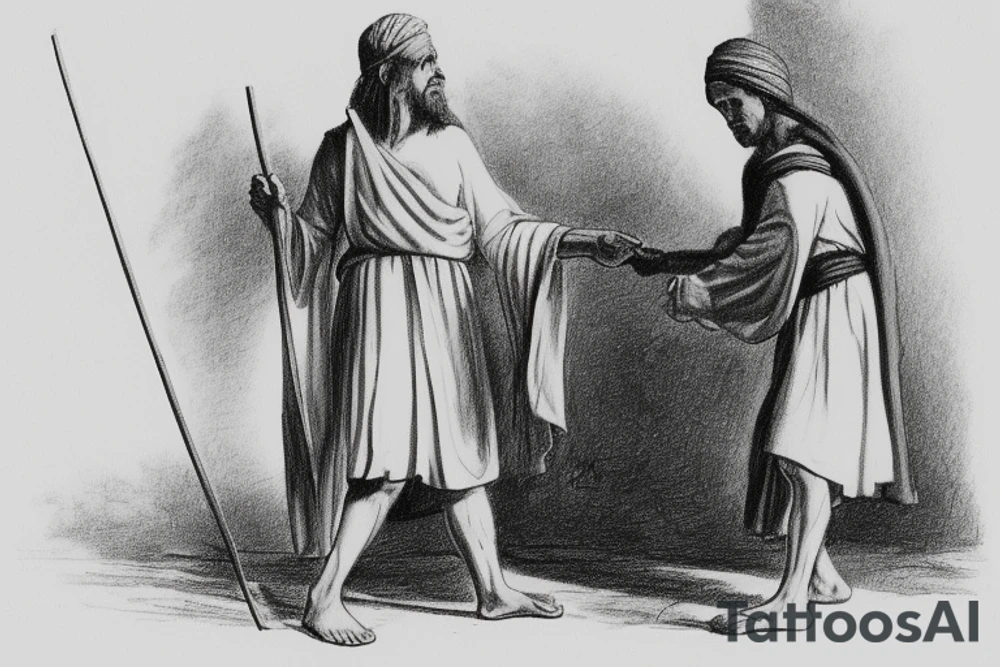 The man is dressed in simple clothes that are typical of the first century. He is wearing a long tunic, a white hat, and sandals. Hi wears a white tunica. He is holding a thick shepherd's staff in his left hand and is walking to the left. The background is blank.

The drawing is done in black lines on a blank background. The lines are simple and delicate, and they capture the man's thin, wiry frame. He seems to be lost in thought as he walks to the left.

The drawing has a sense of timelessness. The man's clothes are typical of the first century, but the drawing could have been made any time in the past 2,000 years. The blank background also contributes to the sense of timelessness. The man is walking facing the left. tattoo idea