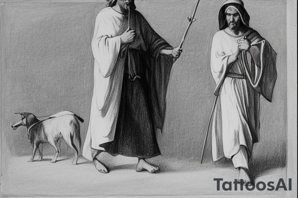 The man is dressed in simple clothes that are typical of the first century. He is wearing a long tunic, a white hat, and sandals. Hi wears a white tunica. He is holding a thick shepherd's staff in his left hand and is walking to the left. The background is blank.

The drawing is done in black lines on a blank background. The lines are simple and delicate, and they capture the man's thin, wiry frame. He seems to be lost in thought as he walks to the left.

The drawing has a sense of timelessness. The man's clothes are typical of the first century, but the drawing could have been made any time in the past 2,000 years. The blank background also contributes to the sense of timelessness. The man is walking facing the left. tattoo idea