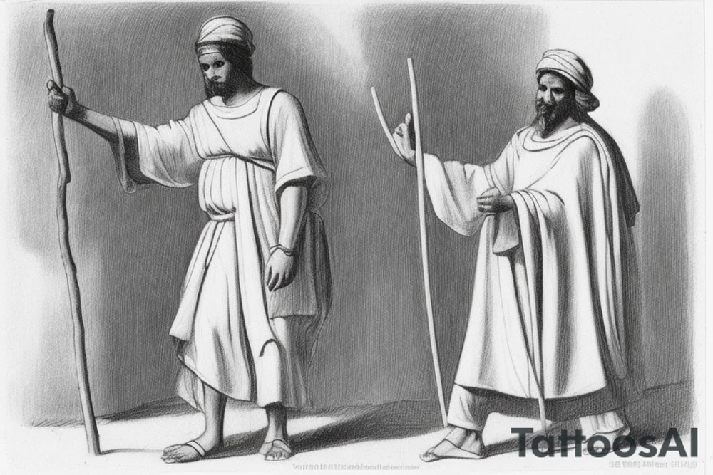 The man is dressed in simple clothes that are typical of the first century. He is wearing a long tunic, a white hat, and sandals. Hi wears a white tunica. He is holding a thick shepherd's staff in his left hand and is walking to the left. The background is blank.

The drawing is done in black lines on a blank background. The lines are simple and delicate, and they capture the man's thin, wiry frame. He seems to be lost in thought as he walks to the left.

The drawing has a sense of timelessness. The man's clothes are typical of the first century, but the drawing could have been made any time in the past 2,000 years. The blank background also contributes to the sense of timelessness. The man is walking facing the left. tattoo idea