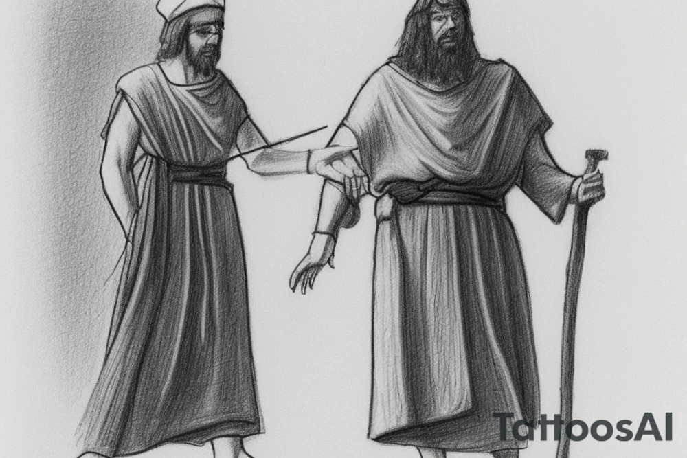 The man is dressed in simple clothes that are typical of the first century. He is wearing a long tunic, a white hat, and sandals. Hi wears a white tunica. He is holding a thick shepherd's staff in his left hand and is walking to the left. The background is blank.

The drawing is done in black lines on a blank background. The lines are simple and delicate, and they capture the man's thin, wiry frame. He seems to be lost in thought as he walks to the left.

The drawing has a sense of timelessness. The man's clothes are typical of the first century, but the drawing could have been made any time in the past 2,000 years. The blank background also contributes to the sense of timelessness. The man is walking facing the left. tattoo idea
