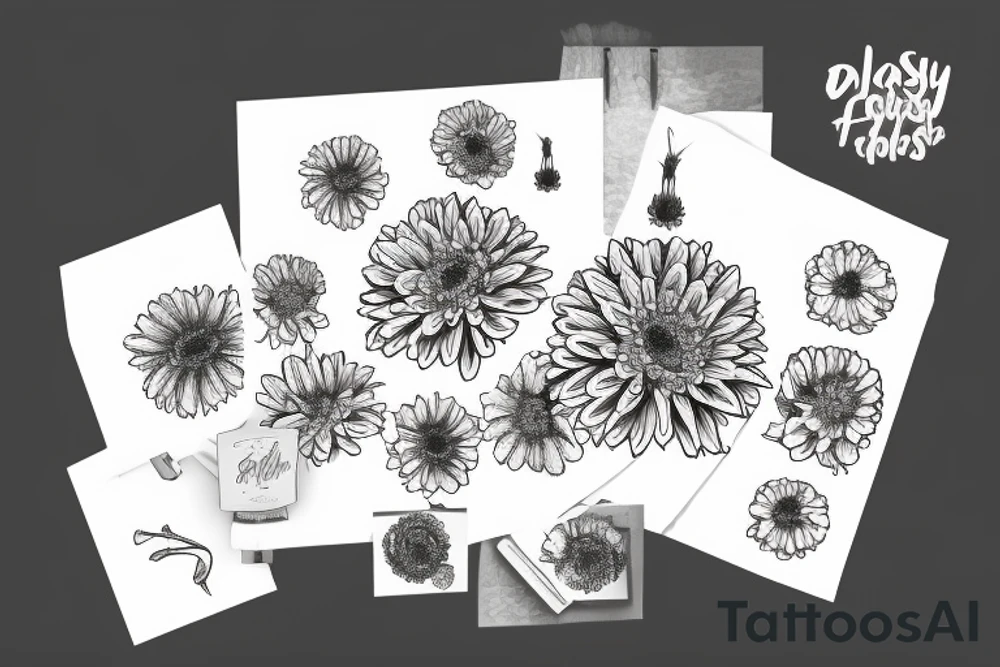 A bouquet of flowers with a chrysanthemum, daisy, Holly Berry, and daffodil tattoo idea