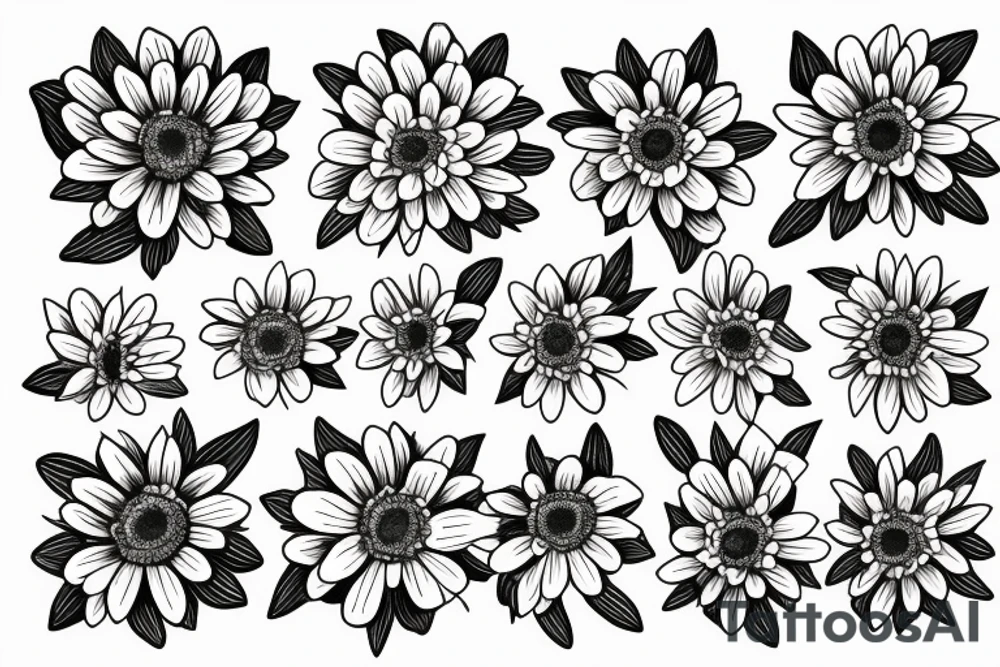 A bouquet of flowers with a chrysanthemum, daisy, Holly Berry, and daffodil tattoo idea