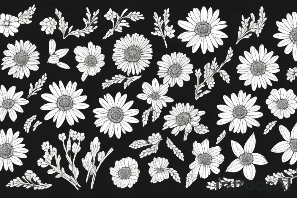 A bouquet of flowers with a chrysanthemum, daisy, Holly Berry, and daffodil tattoo idea