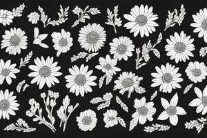 A bouquet of flowers with a chrysanthemum, daisy, Holly Berry, and daffodil tattoo idea