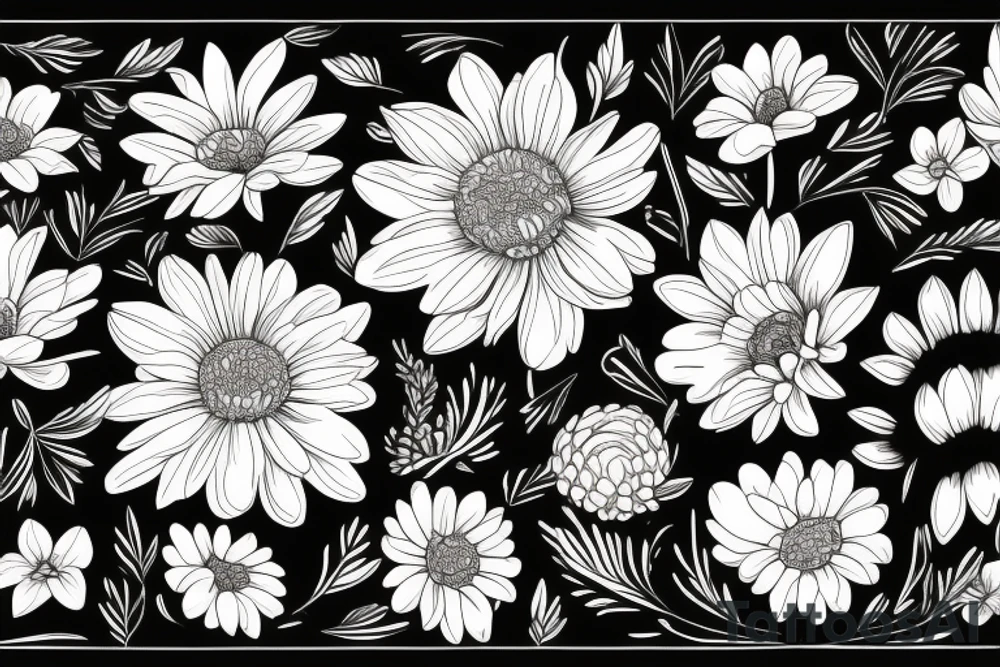 A bouquet with a chrysanthemum, daisy, Holly Berry, and daffodil tattoo idea