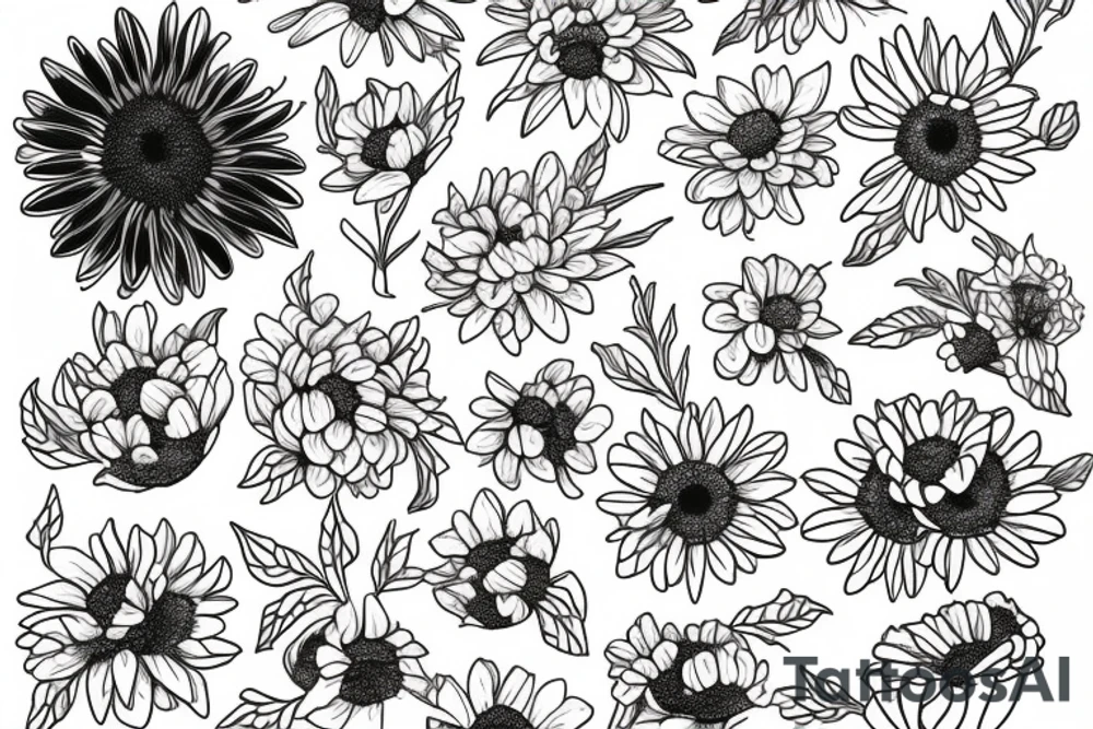 A bouquet with a chrysanthemum, daisy, Holly Berry, and daffodil tattoo idea