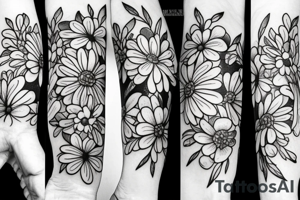A bouquet with a chrysanthemum, daisy, Holly Berry, and daffodil tattoo idea