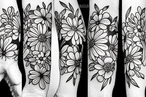 A bouquet with a chrysanthemum, daisy, Holly Berry, and daffodil tattoo idea