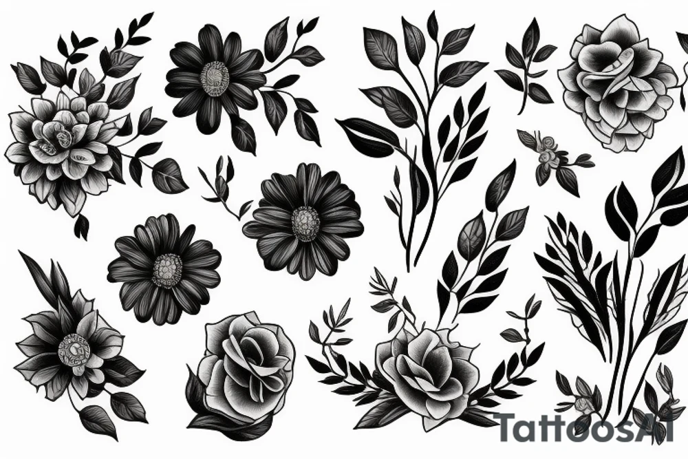 Flower bouquet with March, April, November, and December Birth flower tattoo idea