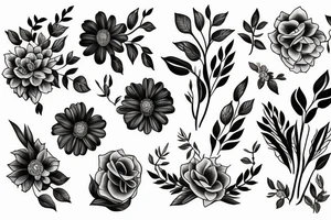 Flower bouquet with March, April, November, and December Birth flower tattoo idea