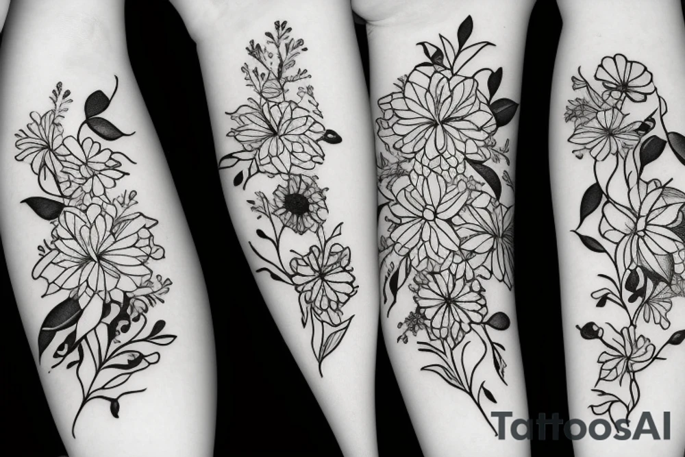 Flower bouquet with March, April, November, and December Birth flower tattoo idea