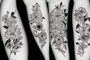 Flower bouquet with March, April, November, and December Birth flower tattoo idea