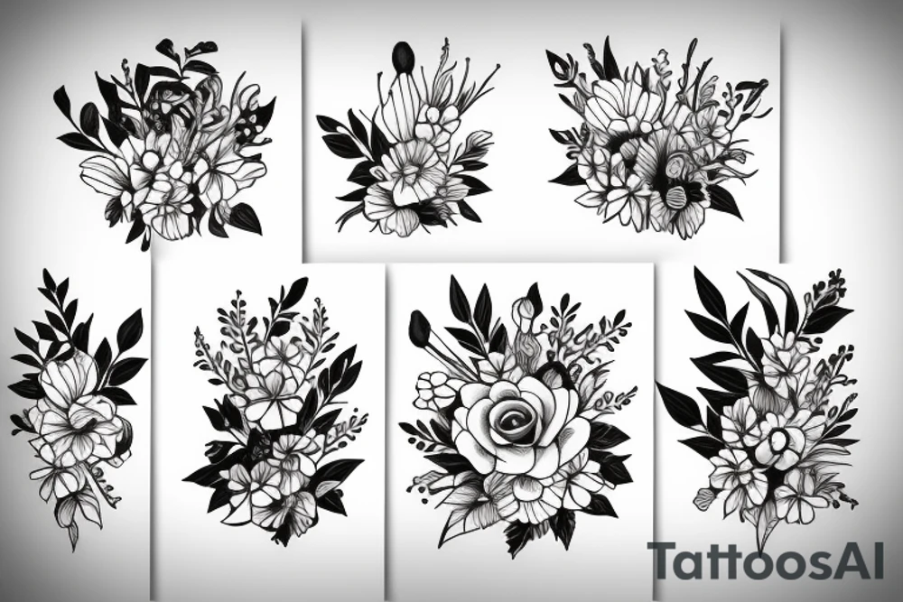 Flower bouquet with March, April, November, and December Birth flower tattoo idea