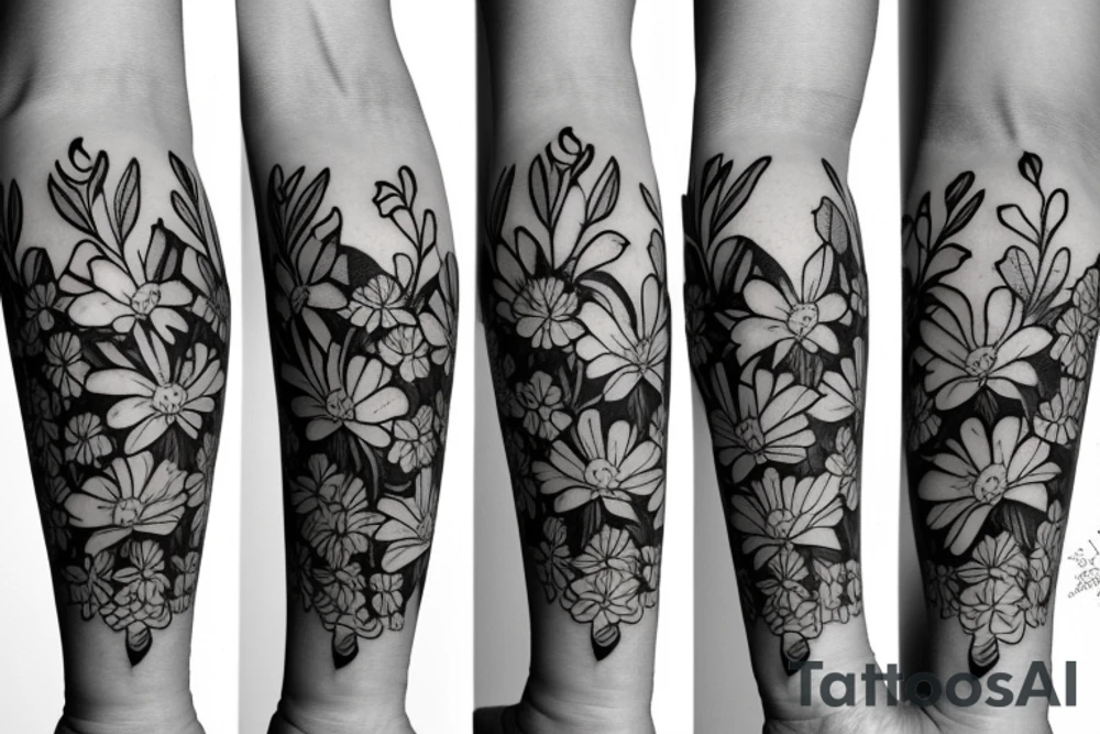 Flower bouquet with March, April, November, and December Birth flower tattoo idea