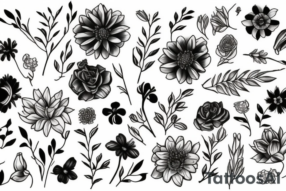 Flower bouquet with March, April, November, and December Birth flower tattoo idea