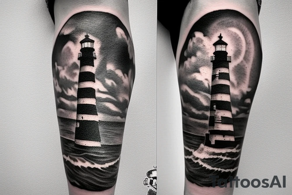 Lighthouse on rocks with pirate ship tattoo idea