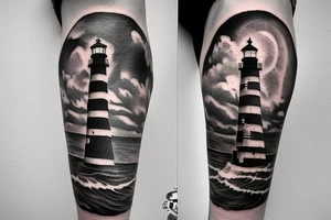 Lighthouse on rocks with pirate ship tattoo idea