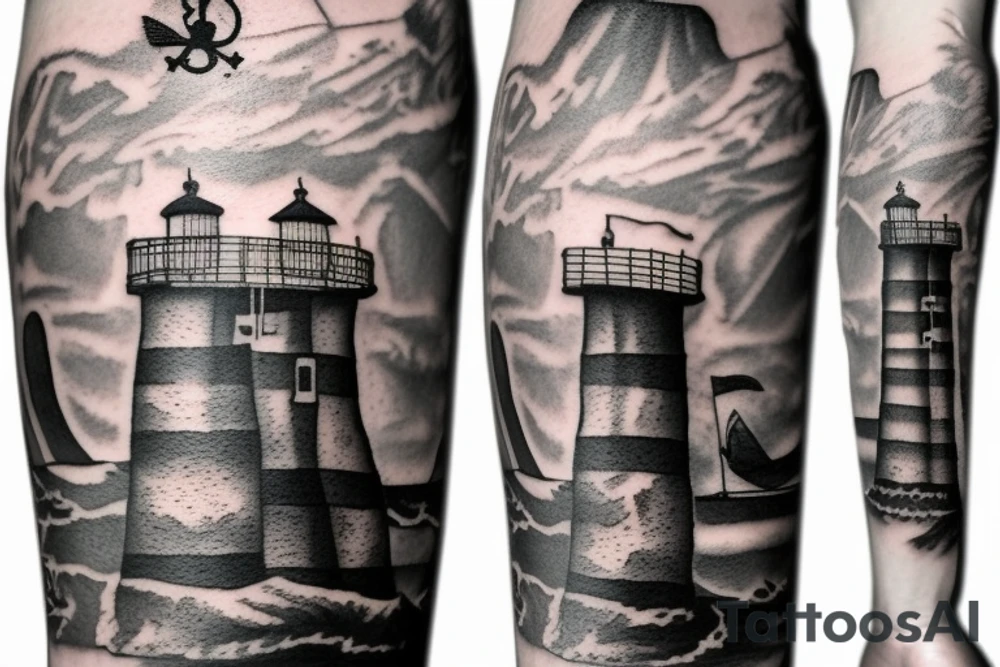 Lighthouse on rocks with pirate ship tattoo idea