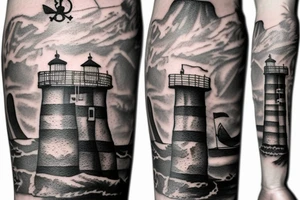 Lighthouse on rocks with pirate ship tattoo idea