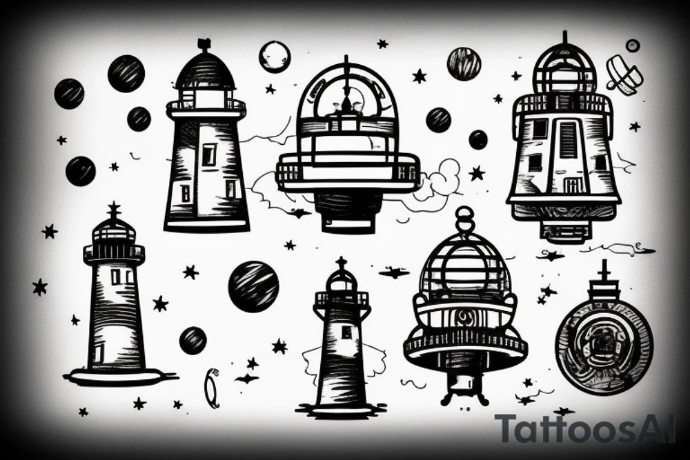 Lighthouse in outer space with robots tattoo idea