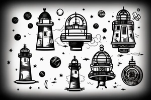 Lighthouse in outer space with robots tattoo idea