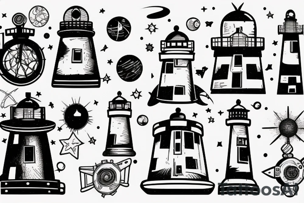 Lighthouse in outer space with robots tattoo idea
