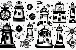 Lighthouse in outer space with robots tattoo idea