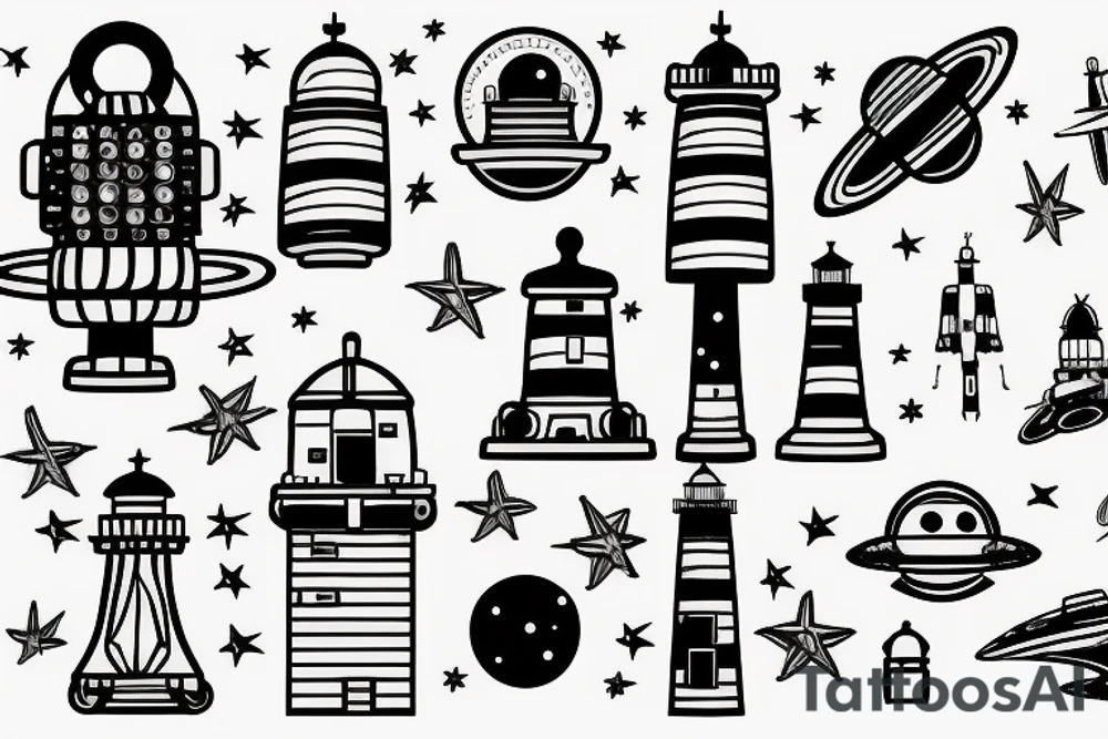 Lighthouse in outer space with robots tattoo idea