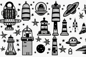 Lighthouse in outer space with robots tattoo idea