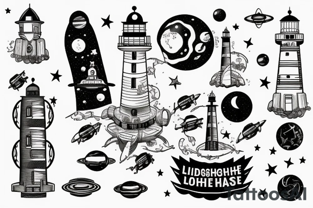 Lighthouse in outer space with robots tattoo idea