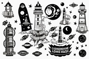 Lighthouse in outer space with robots tattoo idea