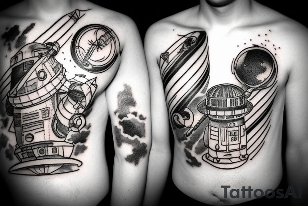 Lighthouse in outer space with robots tattoo idea