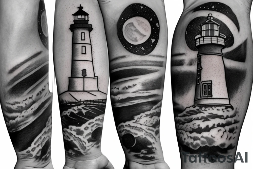 Lighthouse in outer space with robots tattoo idea