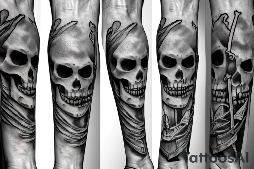 two skeletons, one beats the other to the knight with a sword tattoo idea