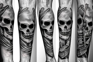 two skeletons, one beats the other to the knight with a sword tattoo idea