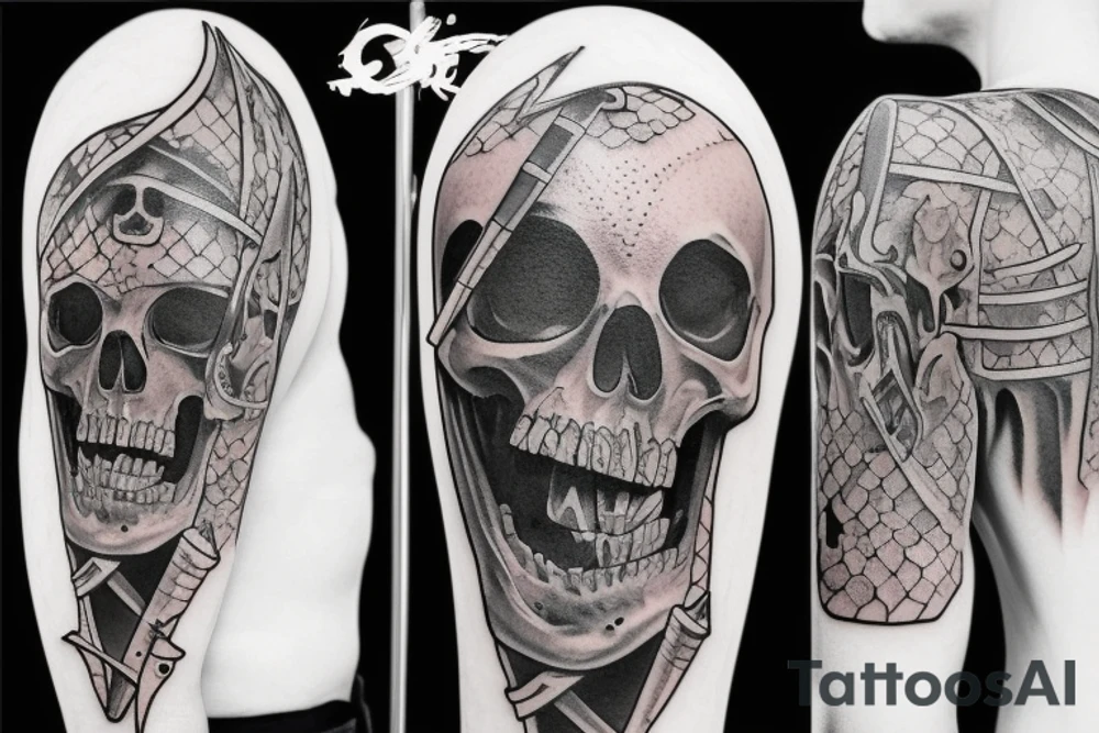 two skeletons, one beats the other to the knight with a sword tattoo idea