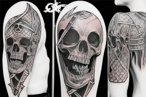 two skeletons, one beats the other to the knight with a sword tattoo idea