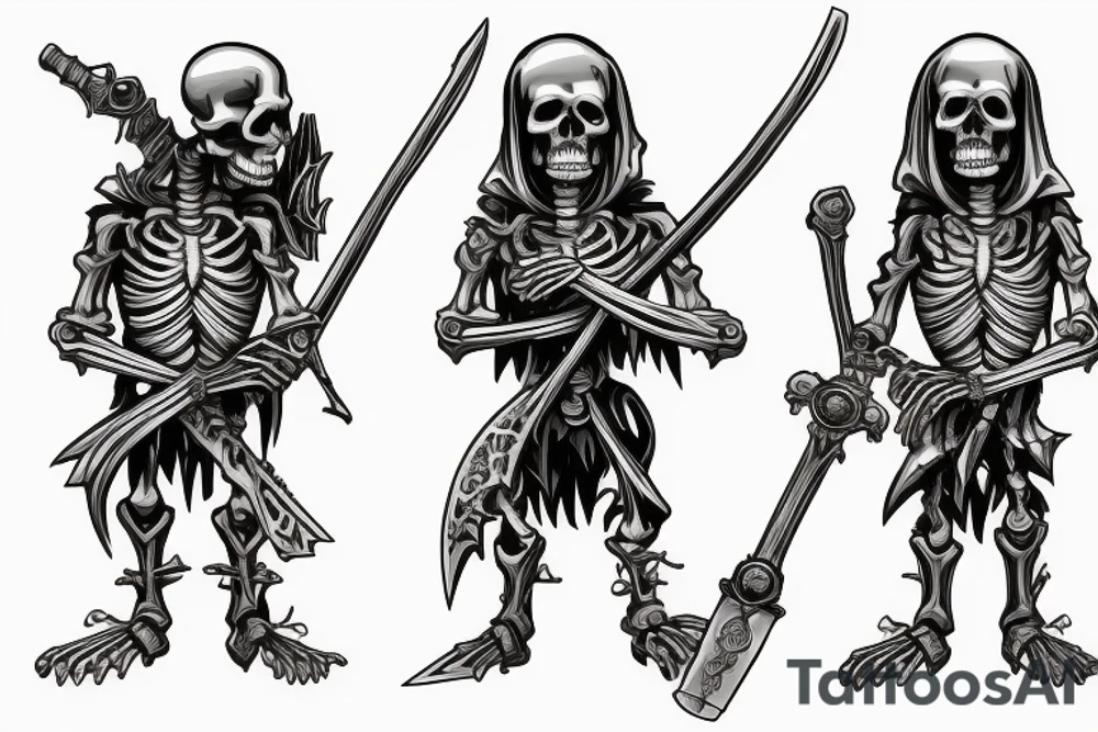 two full sized skeletons, one holding a sword in one hand, leaning in and putting the sword on the other skeletons shoulder tattoo idea