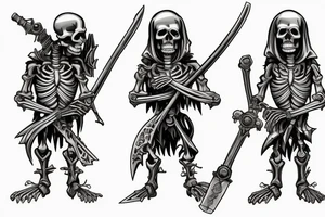 two full sized skeletons, one holding a sword in one hand, leaning in and putting the sword on the other skeletons shoulder tattoo idea