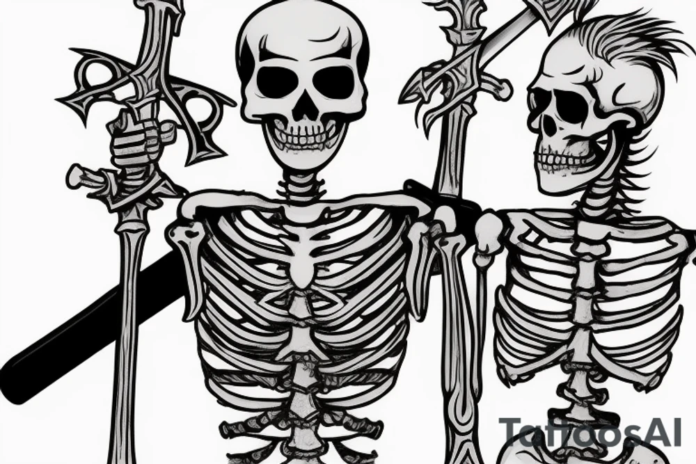 two full sized skeletons, one holding a sword in one hand, leaning in and putting the sword on the other skeletons shoulder tattoo idea