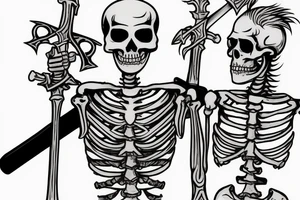 two full sized skeletons, one holding a sword in one hand, leaning in and putting the sword on the other skeletons shoulder tattoo idea