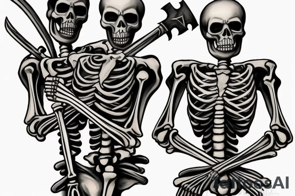 two full sized realisticly painted skeletons, that are facing each other, one holding a sword in one hand, leaning in and putting the sword on the other skeletons shoulder tattoo idea
