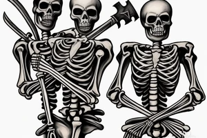 two full sized realisticly painted skeletons, that are facing each other, one holding a sword in one hand, leaning in and putting the sword on the other skeletons shoulder tattoo idea