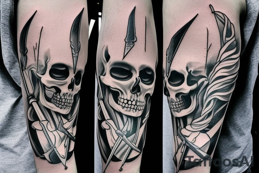 two full sized realisticly painted skeletons, that are facing each other, one holding a sword in one hand, leaning in and putting the sword on the other skeletons shoulder tattoo idea