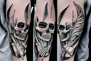 two full sized realisticly painted skeletons, that are facing each other, one holding a sword in one hand, leaning in and putting the sword on the other skeletons shoulder tattoo idea