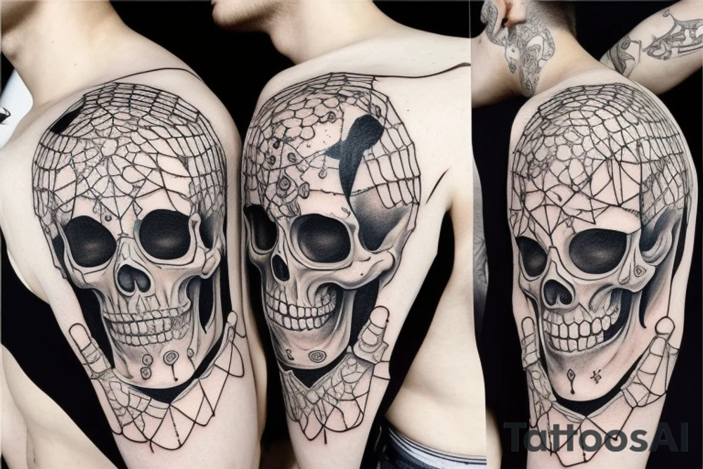 two full sized realisticly painted skeletons, that are facing each other, one holding a sword in one hand, leaning in and putting the sword on the other skeletons shoulder tattoo idea